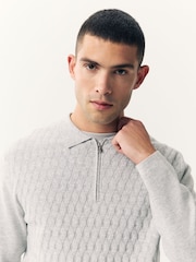 Grey Regular Fit Premium Textured Knit Quarter Zip Long Sleeve Polo Shirt - Image 6 of 9
