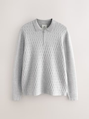 Grey Regular Fit Premium Textured Knit Quarter Zip Long Sleeve Polo Shirt - Image 7 of 9