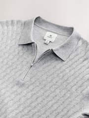 Grey Regular Fit Premium Textured Knit Quarter Zip Long Sleeve Polo Shirt - Image 9 of 9