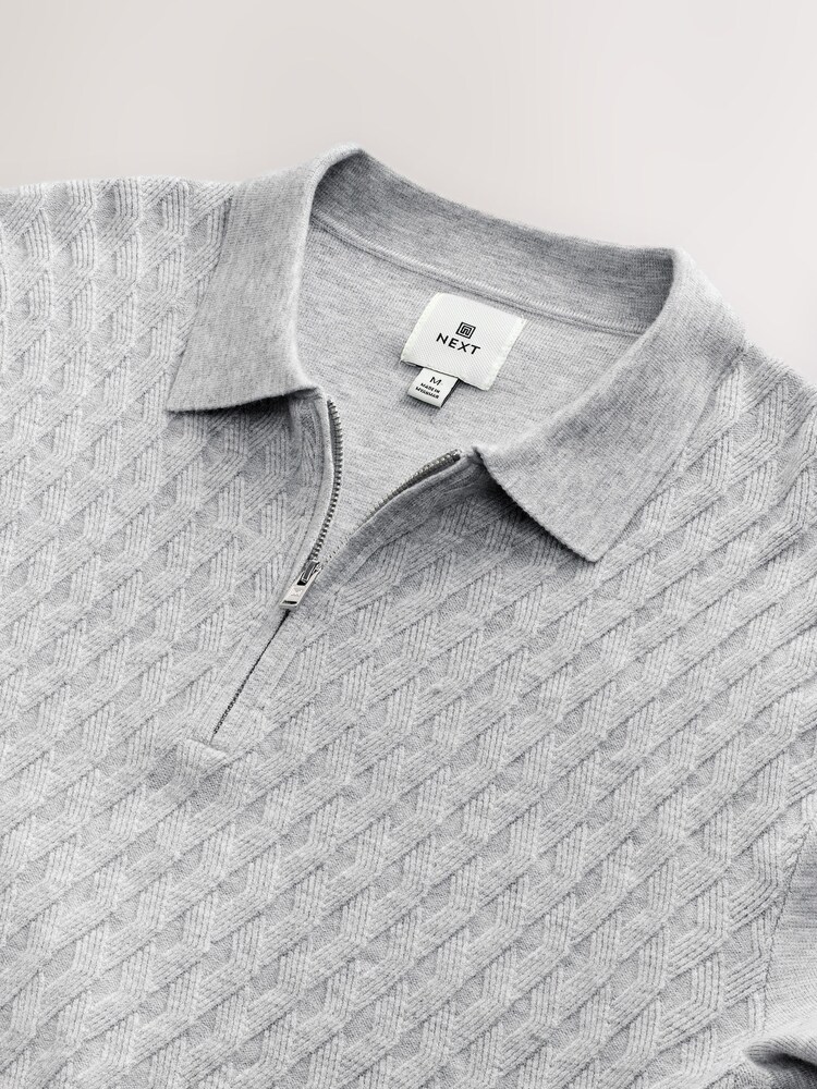 Grey Regular Fit Premium Textured Knit Quarter Zip Long Sleeve Polo Shirt - Image 9 of 9