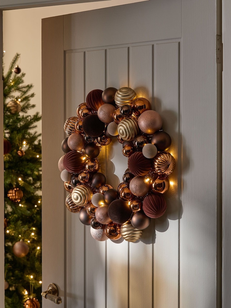 Copper Bauble Pre Lit Christmas Wreath - Image 1 of 4 Copper Bauble Pre Lit Christmas Wreath - Image 1 of 4