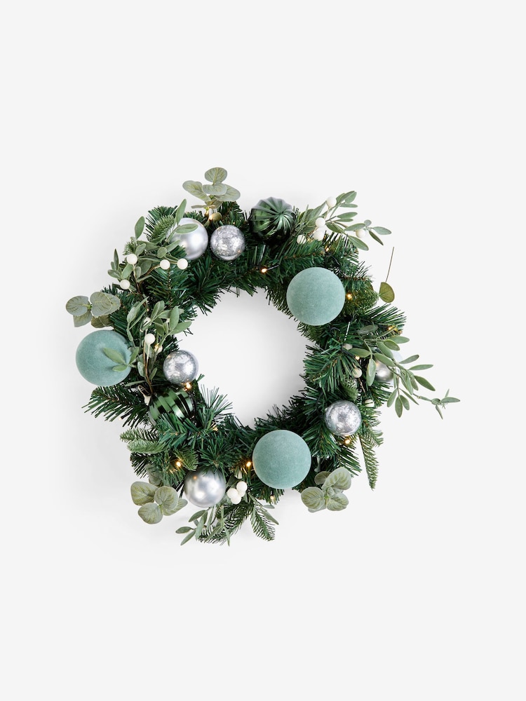 Green Lit Faux Bauble Christmas Wreath - Image 1 of 1 Green Lit Faux Bauble Christmas Wreath - Image 1 of 1