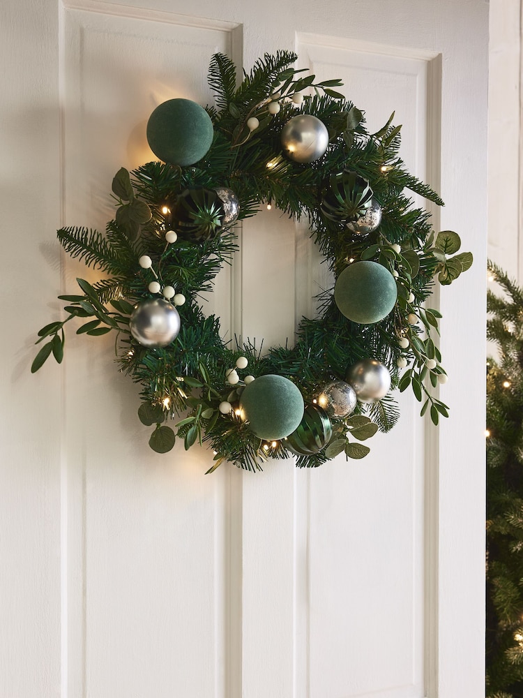 Green Lit Faux Bauble Christmas Wreath - Image 2 of 4 Green Lit Faux Bauble Christmas Wreath - Image 2 of 4