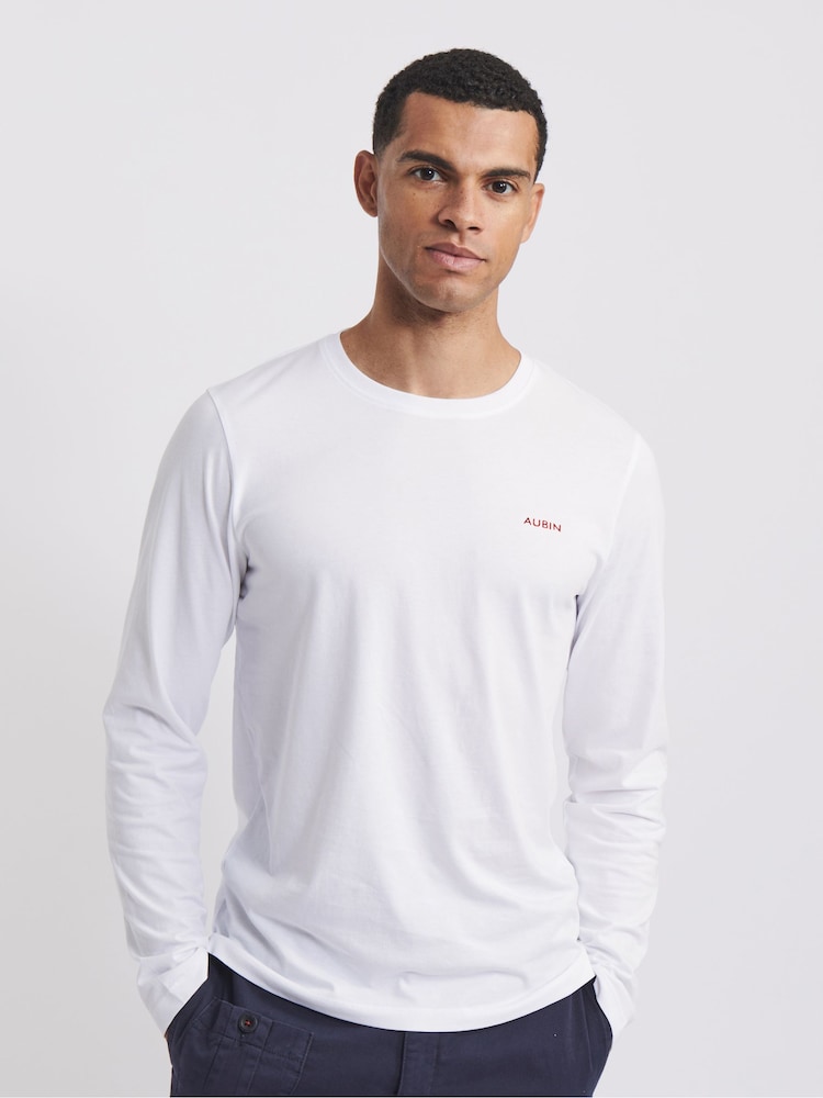 Aubin White Camblesforth Long Sleeve 100% Cotton T-Shirt - Изображение 1 из 2