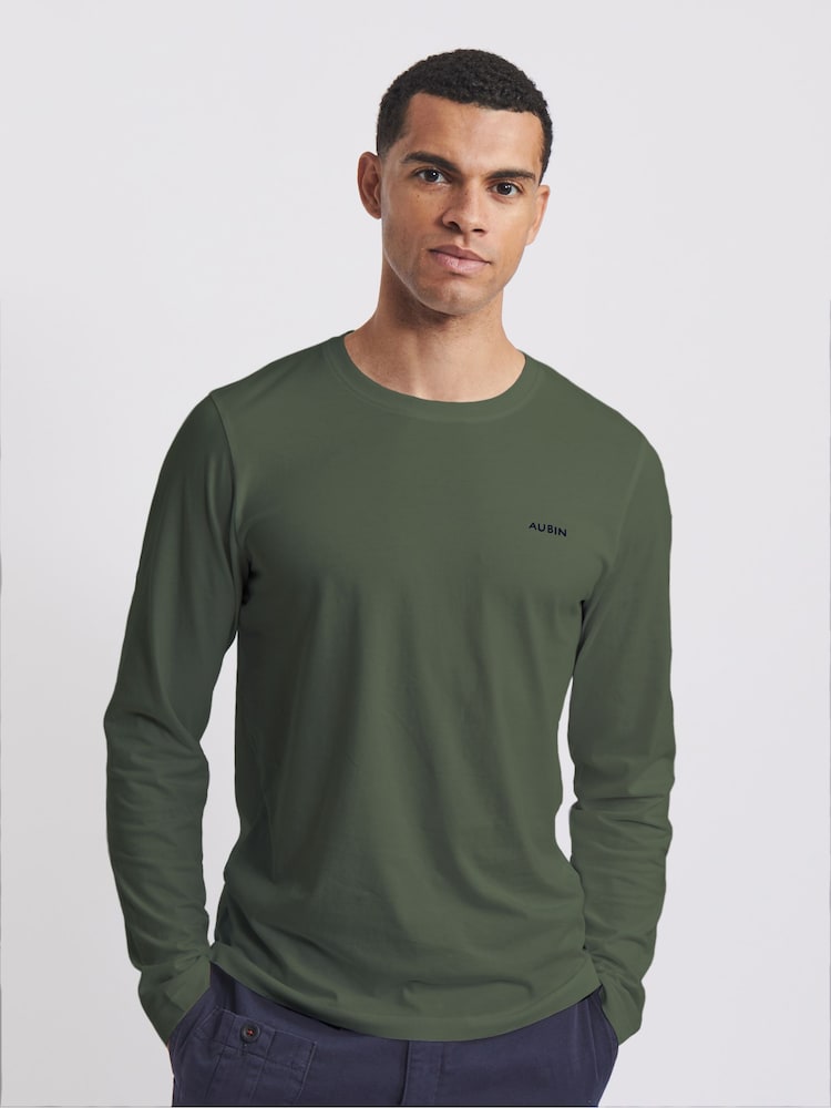 Aubin Green Khaki Camblesforth Long Sleeve 100% Cotton T-Shirt - Изображение 1 из 2