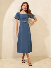 Lipsy Blue Mid Wash Denim Bardot Midi Dress - Image 1 of 4