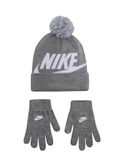 Nike Grey Swoosh Pom Beanie and Glove Set - Image 1 of 4