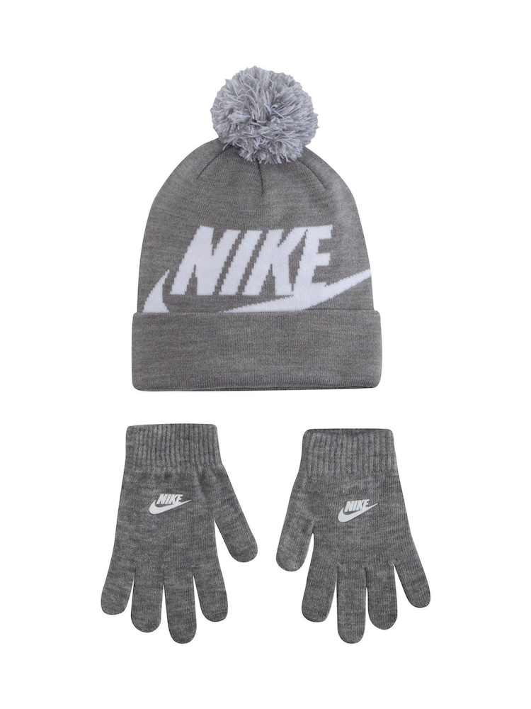 Nike Grey Swoosh Pom Beanie and Glove Set - Image 1 of 4