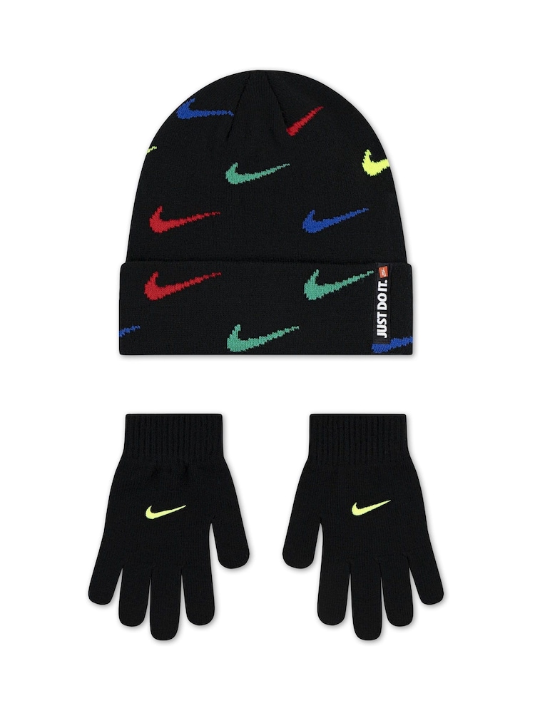 Nike Black Multi Swoosh Repeat Beanie and Glove Set - Image 1 of 4