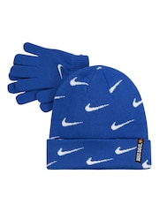 Nike Blue Swoosh Repeat Beanie and Gloves Set - Image 1 of 4