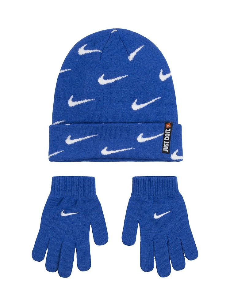 Nike Blue Swoosh Repeat Beanie and Gloves Set - Image 2 of 4