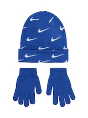 Nike Blue Swoosh Repeat Beanie and Gloves Set - Image 3 of 4