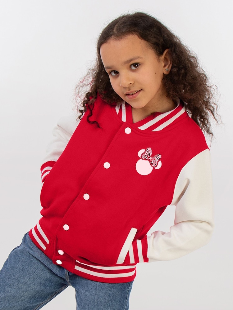 Brands In Red Girls Disney Minnie Mouse Flowers Varsity Jacket - Image 2 of 4