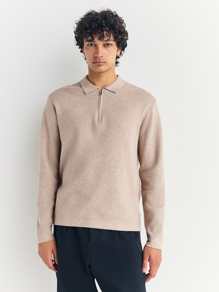 Oatmeal Zip Neck Regular Fit Premium Long Sleeve Knit Polo Shirt - Image 1 of 7