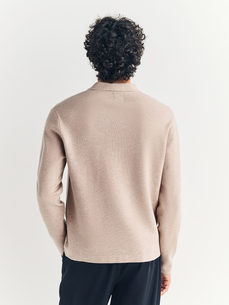 Oatmeal Zip Neck Regular Fit Premium Long Sleeve Knit Polo Shirt - Image 2 of 7