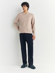 Oatmeal Zip Neck Regular Fit Premium Long Sleeve Knit Polo Shirt - Image 3 of 7