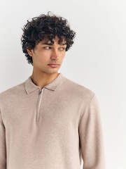 Oatmeal Zip Neck Regular Fit Premium Long Sleeve Knit Polo Shirt - Image 4 of 7