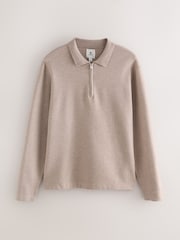 Oatmeal Zip Neck Regular Fit Premium Long Sleeve Knit Polo Shirt - Image 5 of 7