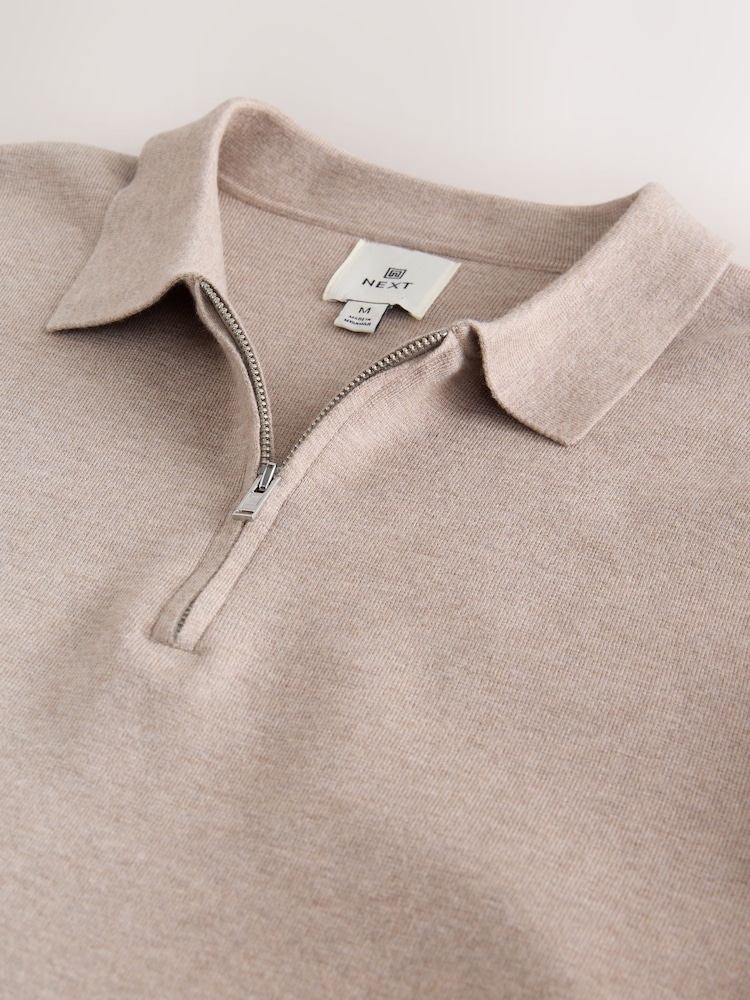 Oatmeal Zip Neck Regular Fit Premium Long Sleeve Knit Polo Shirt - Image 7 of 7