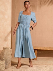 Love & Roses Light Blue Denim Square Neck Short Sleeve Belted Button Through Mid Dress - Image 1 of 4