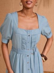 Love & Roses Light Blue Denim Square Neck Short Sleeve Belted Button Through Mid Dress - Image 2 of 4