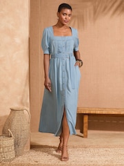 Love & Roses Light Blue Denim Square Neck Short Sleeve Belted Button Through Mid Dress - Image 4 of 4