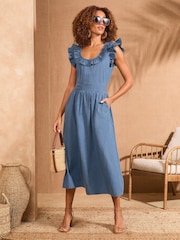 Love & Roses Blue Denim Ruffle Scoop Neckline Midi 100% Cotton Dress - Image 1 of 4