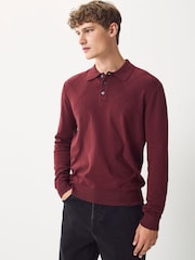 Brick Red Regular Fit Knit Argyle Pattern Long Sleeve Polo Shirt - Image 1 of 8