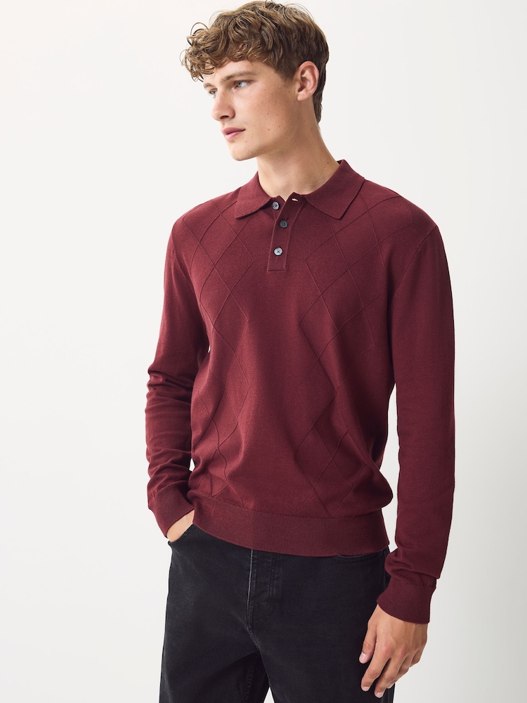 Brick Red Regular Fit Knit Argyle Pattern Long Sleeve Polo Shirt - Image 1 of 8