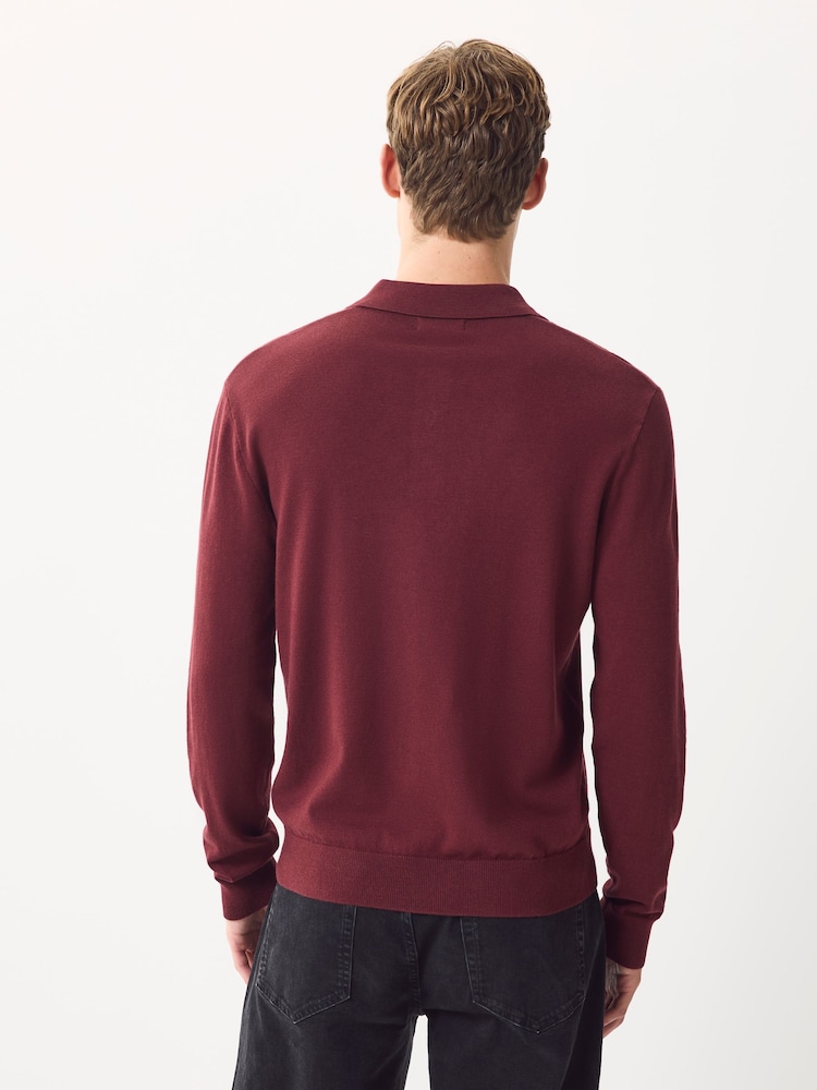 Brick Red Regular Fit Knit Argyle Pattern Long Sleeve Polo Shirt - Image 2 of 8