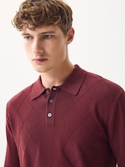 Brick Red Regular Fit Knit Argyle Pattern Long Sleeve Polo Shirt - Image 4 of 8
