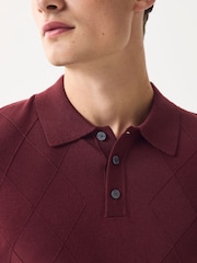 Brick Red Regular Fit Knit Argyle Pattern Long Sleeve Polo Shirt - Image 5 of 8