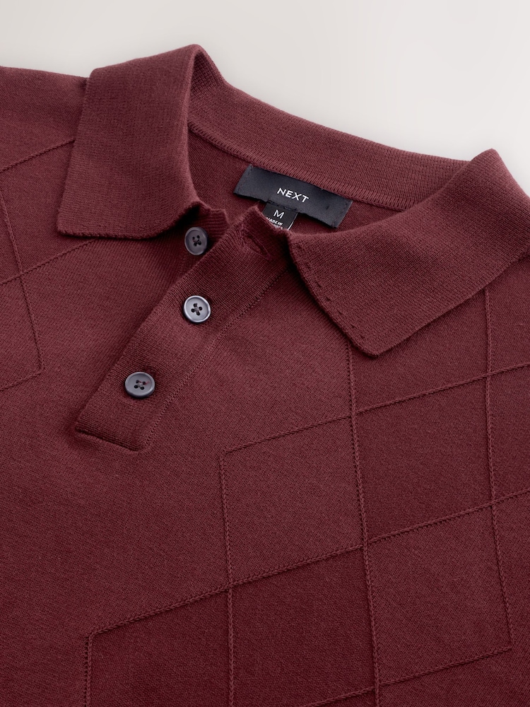 Brick Red Regular Fit Knit Argyle Pattern Long Sleeve Polo Shirt - Image 8 of 8