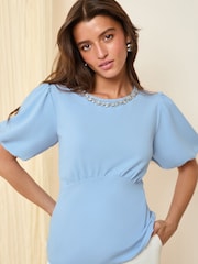 Bleu - Friends Like These Blouse à manches bouffantes et col orné - Image 1 de 1