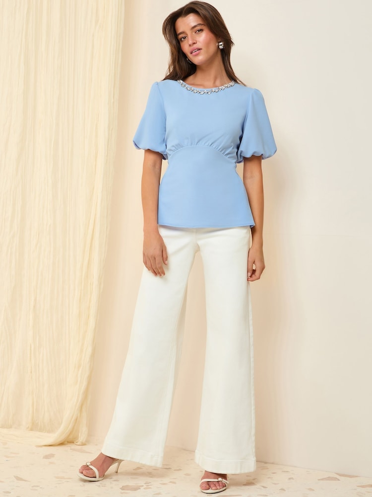 Friends Like These Blue Petite Puff Sleeve Embellished Neck Trim Blouse - Image 3 of 5