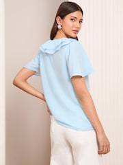 Friends Like These Blue Petite Short Sleeve Ruffle Bow Front Blouse - Image 2 of 5
