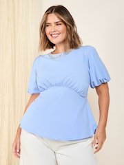 Friends Like These Blue Curve Puff Sleeve Embellished Neck Trim Blouse - Image 2 of 5