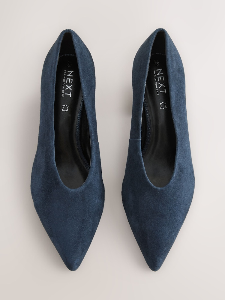 Navy Blue Forever Comfort® Leather Point Toe Low Block Heels - Image 2 of 5