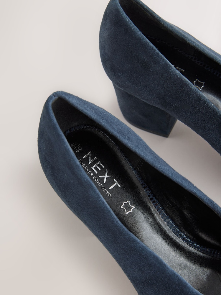Navy Blue Forever Comfort® Leather Point Toe Low Block Heels - Image 3 of 5