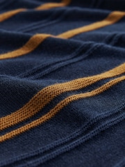 Navy Blue Regular Fit Cotton Rich Long Sleeve Stripe Knit Polo Shirt - Image 7 of 8