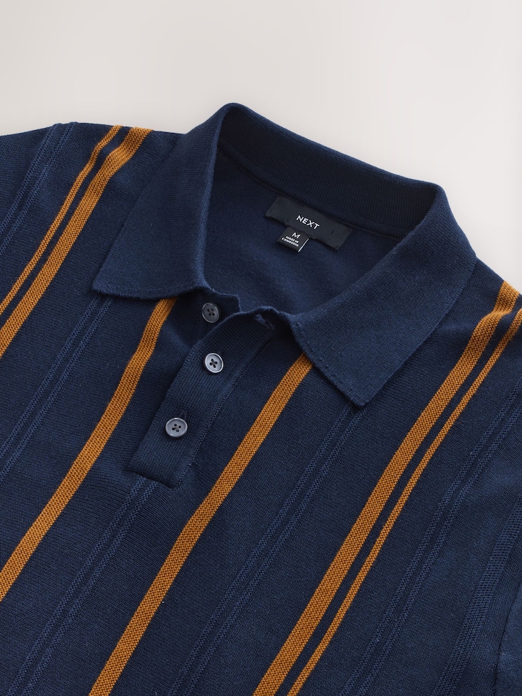 Navy Blue Regular Fit Cotton Rich Long Sleeve Stripe Knit Polo Shirt - Image 8 of 8 Navy Blue Regular Fit Cotton Rich Long Sleeve Stripe Knit Polo Shirt - Image 8 of 8