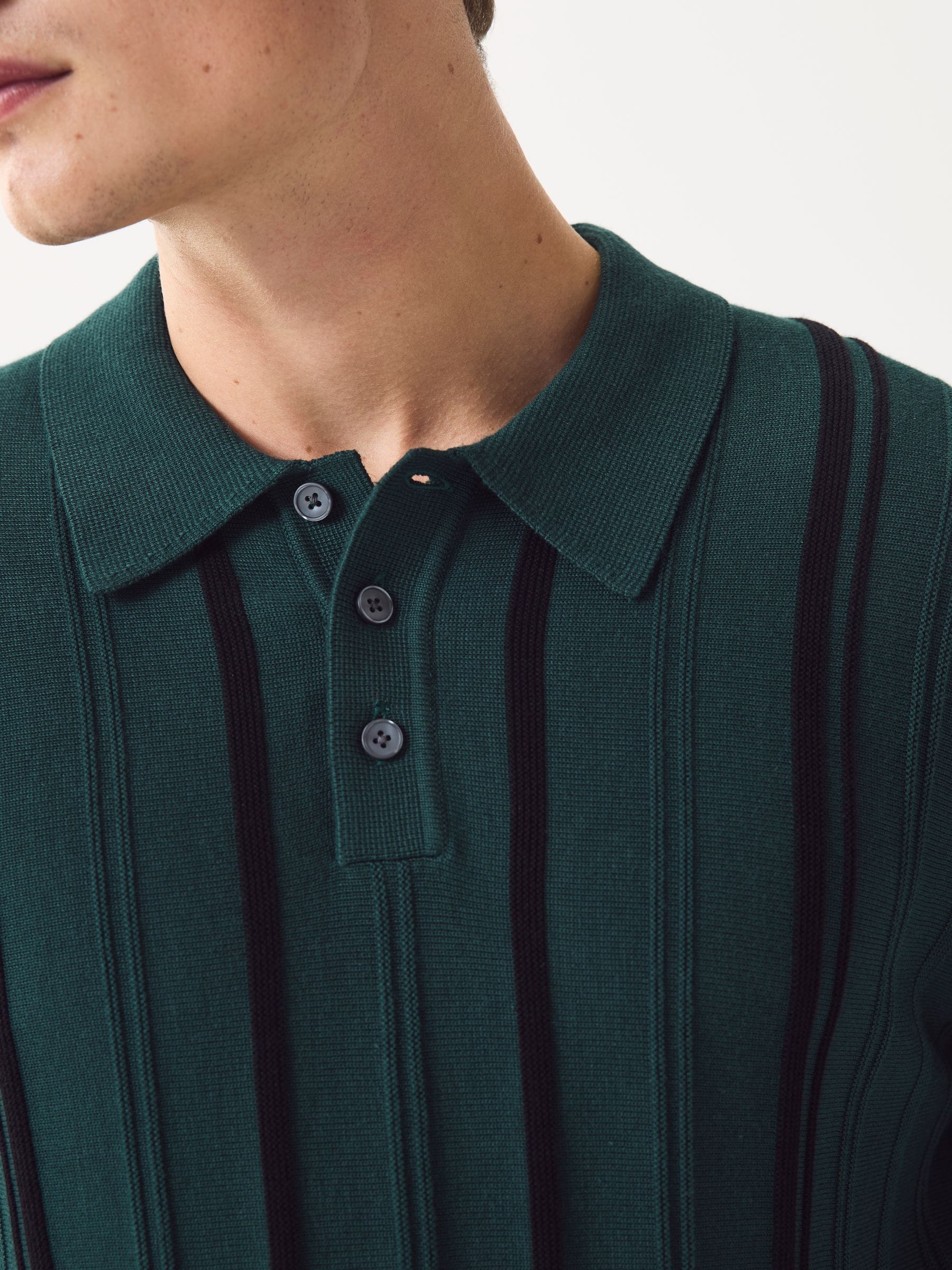 Buy Green Regular Fit Cotton Rich Long Sleeve Stripe Knit Polo