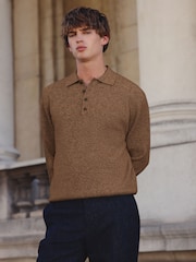 Tan Brown Regular Fit Textured Long Sleeve Knit Polo Shirt with Wool - Image 1 of 4