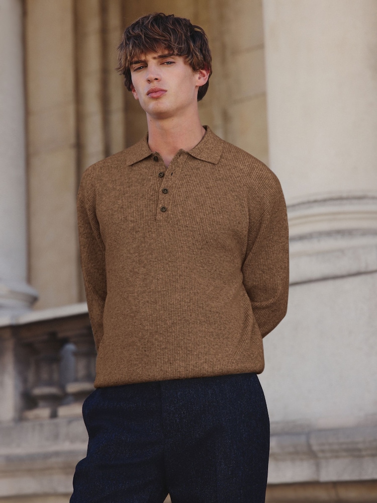 Tan Brown Regular Fit Textured Long Sleeve Knit Polo Shirt with Wool - Image 1 of 4