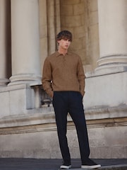 Tan Brown Regular Fit Textured Long Sleeve Knit Polo Shirt with Wool - Image 2 of 4