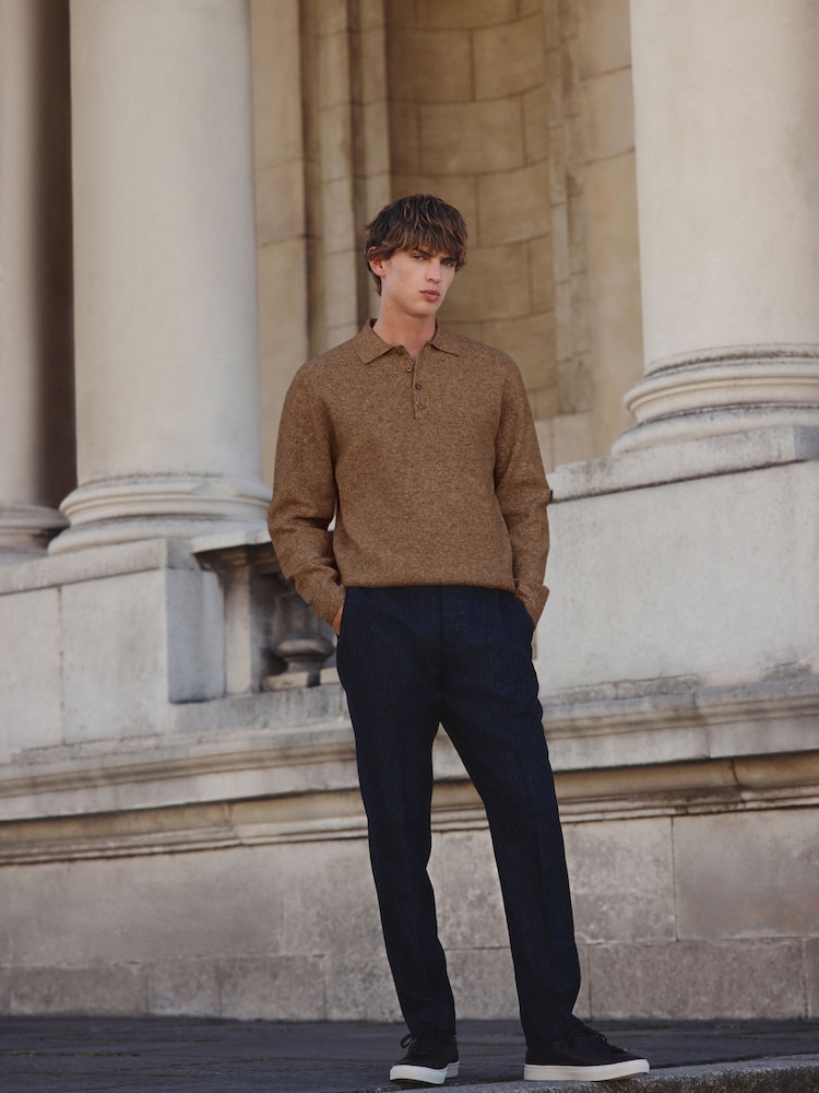 Tan Brown Regular Fit Textured Long Sleeve Knit Polo Shirt with Wool - Image 2 of 4