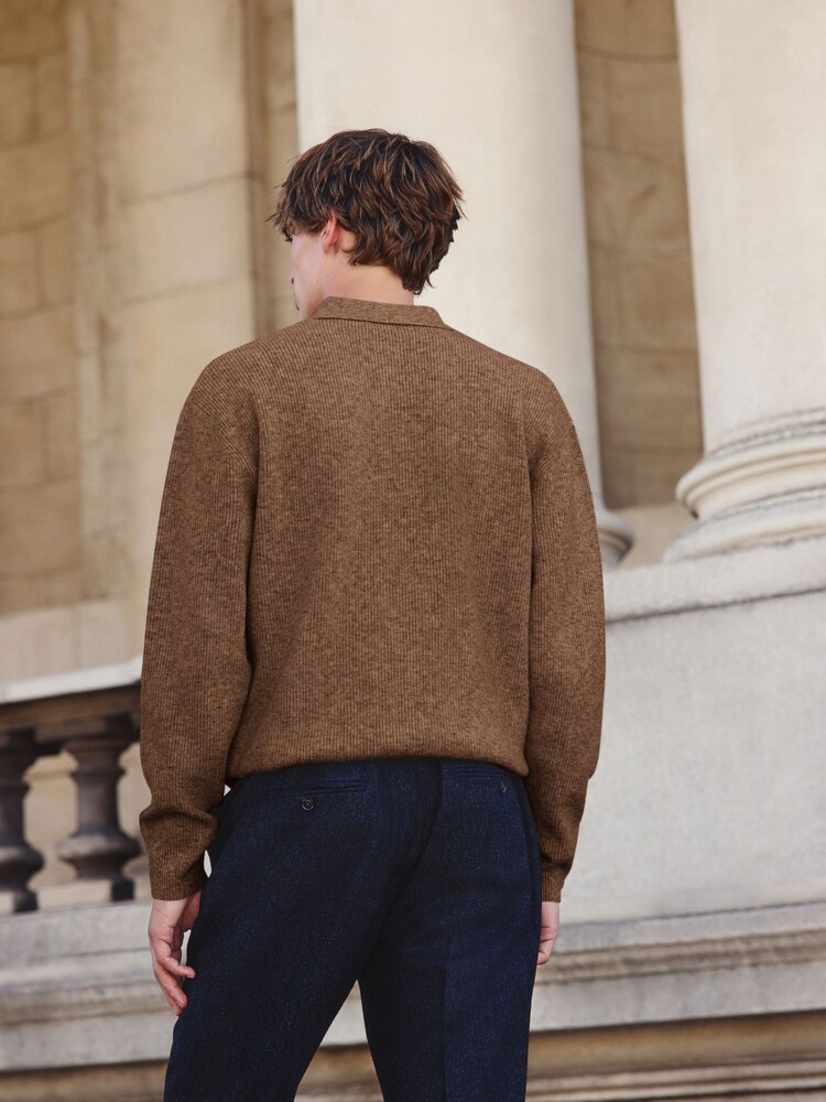 Buy Tan Brown Regular Fit Textured Long Sleeve Knit Polo Shirt 