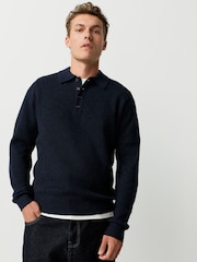 أزرق داكن أزرق - Regular Fit Textured Long Sleeve Knit Polo Shirt with Wool - صورة 1 من 6
