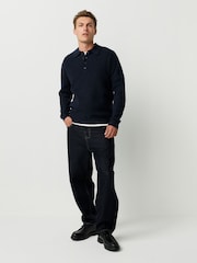 أزرق داكن أزرق - Regular Fit Textured Long Sleeve Knit Polo Shirt with Wool - صورة 2 من 6