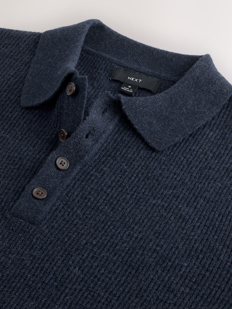 Navy Blue Regular Fit Textured Long Sleeve Knit Polo Shirt with Wool - Image 6 of 6 Navy Blue Regular Fit Textured Long Sleeve Knit Polo Shirt with Wool - Image 6 of 6